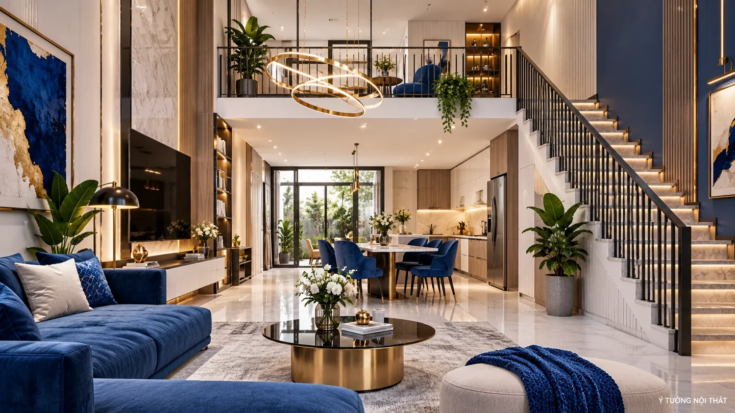 Ý tưởng nội thất phòng khách thông tầng với sofa xanh và chi tiết vàng kim