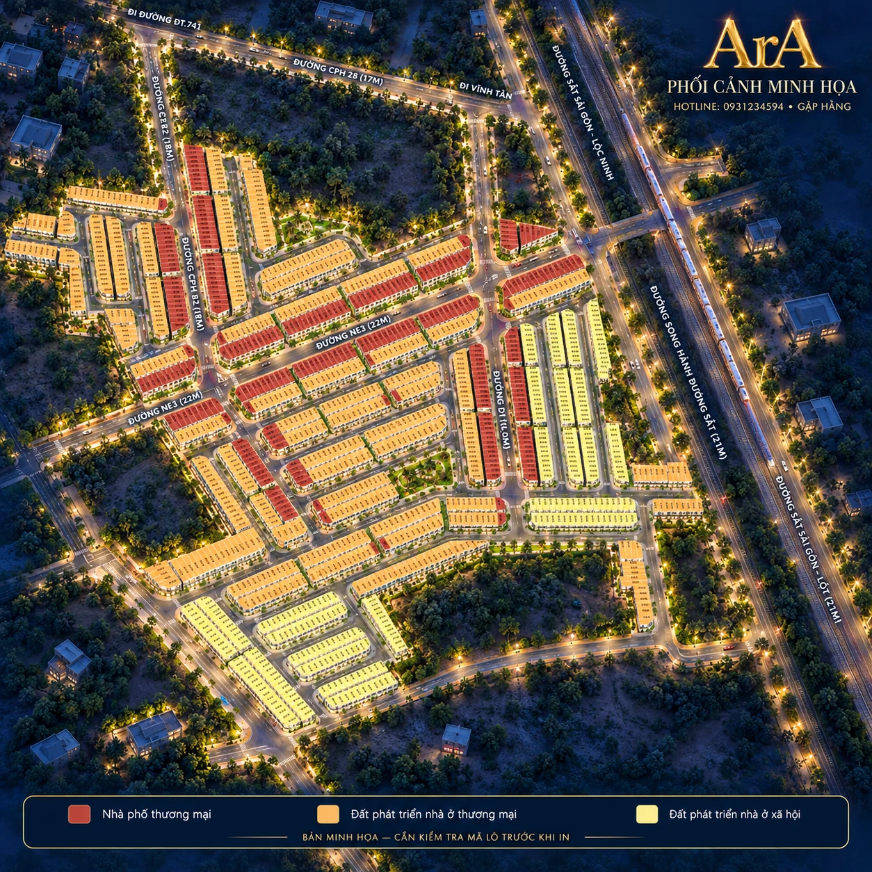 Phối cảnh ArA ban đêm có cây xanh và đèn